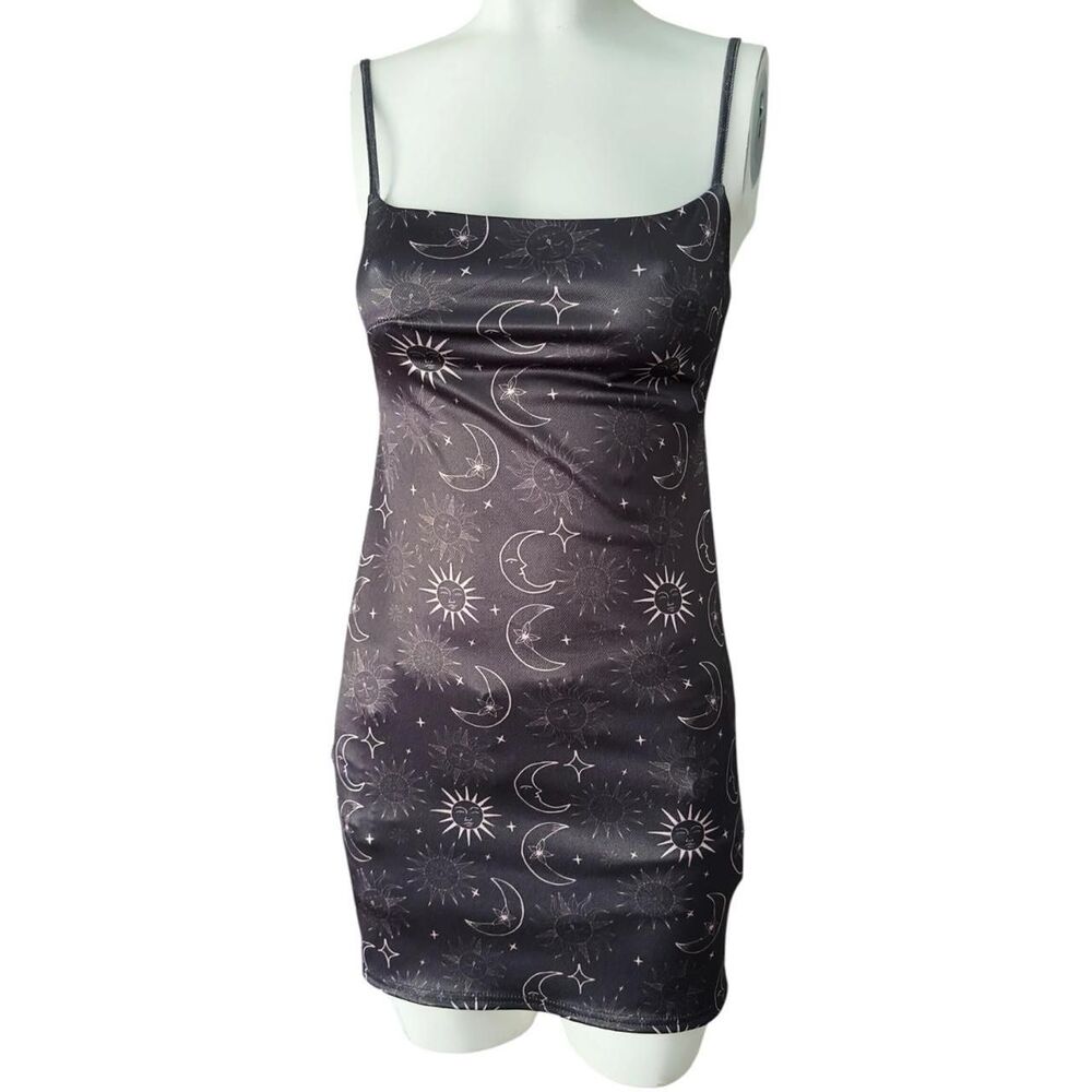 Urban Outfitters Black Celestial Satin Slip Dress‎ Square Neck Short Size M